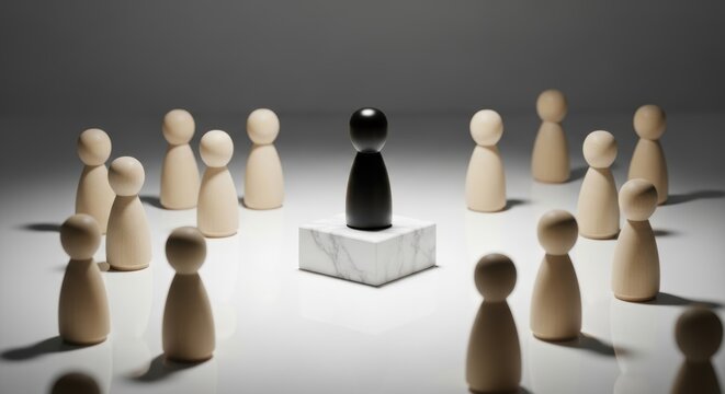 Black wooden figure stands on a marble podium surrounded by neutral figures representing leadership individuality and uniqueness - Powered by Adobe