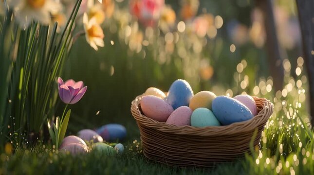 A wicker basket with colored Easter eggs on a background of green grass. Happy Easter.