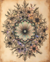 Holographic Floral Sepia Mandala &ndash; Luxury Escapism Meditation Art 2025