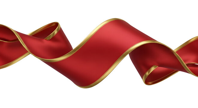 Elegant red ribbon with gold trim isolated on transparent background