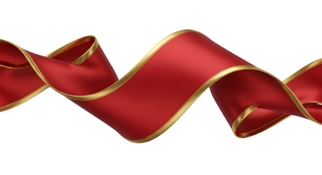Elegant red ribbon with gold trim isolated on transparent background