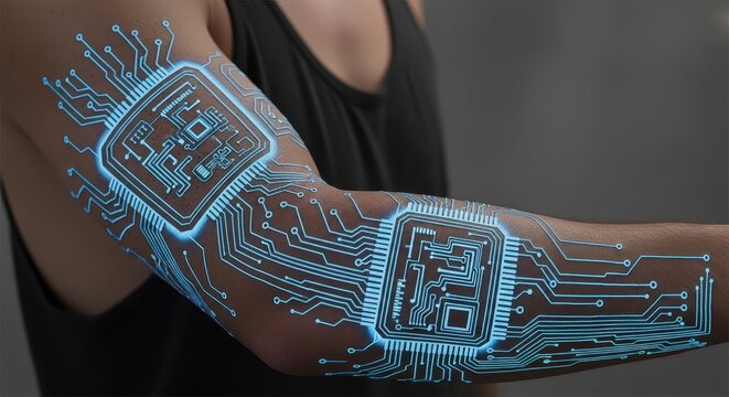 Illuminated digital circuitry design overlays the skin of a human forearm in a futuristic concept - Powered by Adobe
