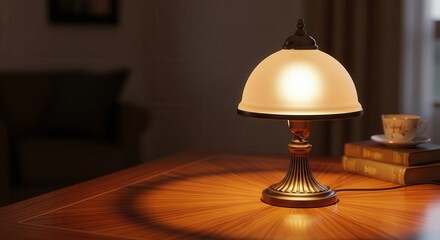 Illuminated antique style desk lamp casts a warm glow upon a polished wooden surface beside stacked reading materials.