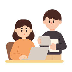 Obraz premium Flat cartoon illustration of office workers collaborating. Co-working and working space concept.