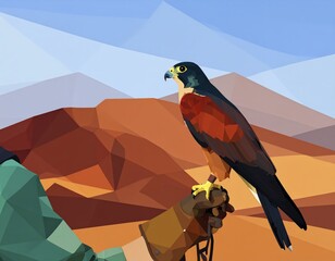 Vibrant low poly art of a falcon perched on a gloved hand with desert mountains