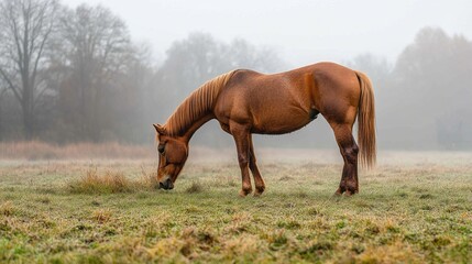Obraz premium A grazing horse on misty field
