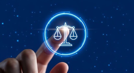 Digital justice symbol glowing neon scales of justice icon touched by finger