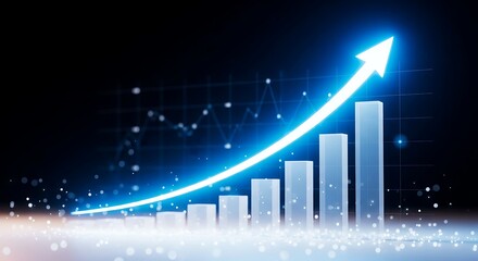 Bright blue arrow graph shows upward trend and financial growth against a dark background