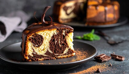 Marble cake slice on dark plate, drizzled in chocolate sauce, against gray background with cake and mint