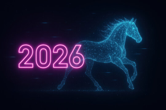 Neon glowing horse in motion with 2026 typography highlights a futuristic digital celebration of the zodiac year.