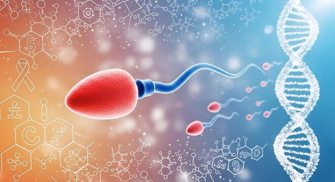Human sperm cell swimming towards dna helix representing reproduction and genetics