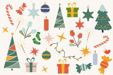 A set of hand-drawn New Year and Christmas elements. Christmas stickers, backgrounds, decals, and images for children's books and coloring books.
