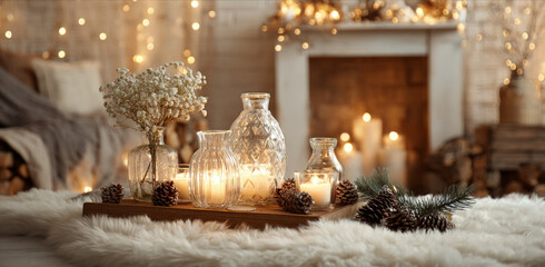 Cozy living room candles pine cones warm glow glass vase winter hygge mood