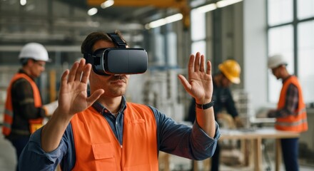 Man wearing virtual reality headset in industrial setting with hands raised