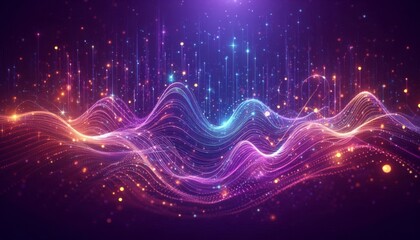 Abstract glowing purple and blue data wave with light particles on dark background, futuristic digital technology energy concept.