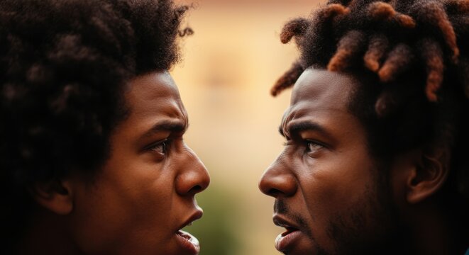 A close-up of two people facing each other with intense expressions and natural lighting - Powered by Adobe