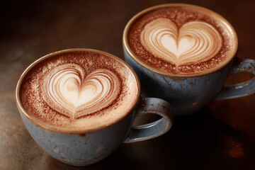 Dwie filiżanki kawy z mlecznymi serduszkami, idealne na walentynkową randkę