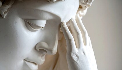 Marble statue detail; face with hand on temple, downcast eyes, smooth texture, neutral background, soft light