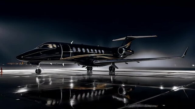 Sleek private jet parked on a glossy runway at night with dramatic lighting highlighting its luxury design and reflective wet tarmac surface
