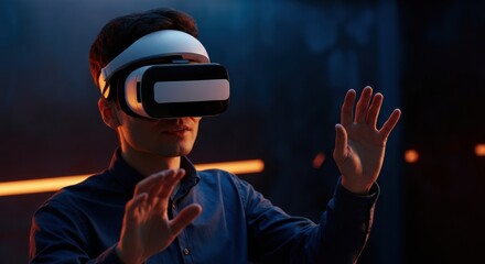 Man experiencing virtual reality with VR headset in a futuristic environment