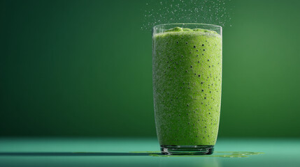 A tall glass of vibrant green smoothie with specks and a green background for a healthy drink concept