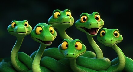 Fototapeta premium Six animated green snakes with expressive faces and large yellow eyes pose together in a dark background