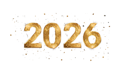 Golden year two thousand twenty six with sparkling confetti on a black background design element on transparent background