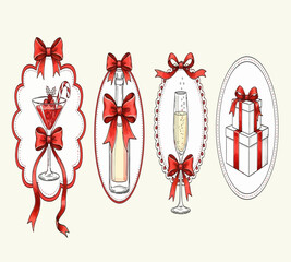 Illustration of elegant christmas and new years icons isolated on white background, featuring cocktails, champagne, gifts, and bows in decorative frames