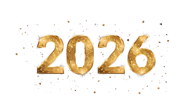 Golden year two thousand twenty six with sparkling confetti on a black background design element on transparent background
