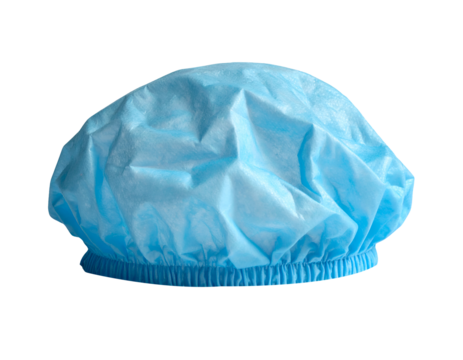 Blue disposable medical bouffant cap or shower cap with elastic edge on isolated background