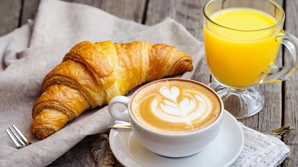 Golden croissant, creamy latte art coffee, and fresh orange juice on wood - Powered by Adobe