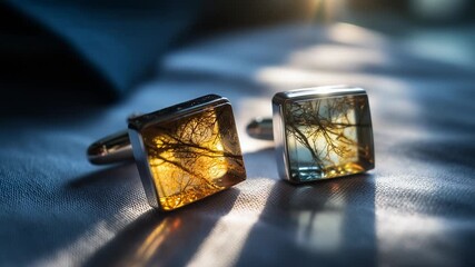 Two elegant cufflinks are displayed on a textured surface, showcasing intricate designs of natural elements. The cufflinks capture light beautifully, enhancing their artistic flair