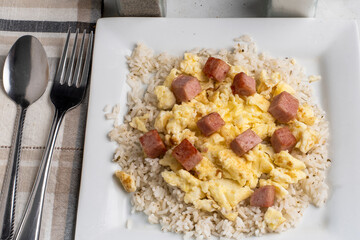 rice  with scramble eggs and diced spam