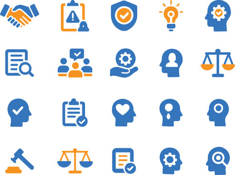 Set of 20 color law and justice icons showing legal system concepts and regulatory compliance