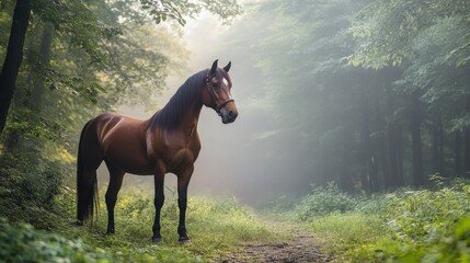 A standing horse in a foggy forest