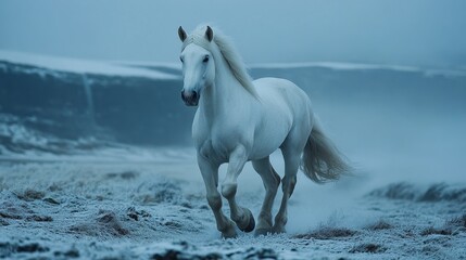 Fototapeta premium A white stallion galloping across a snowy landscape 