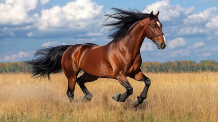 Fototapeta premium A wild stallion galloping in an open field