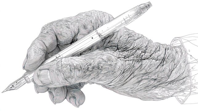 hand holding pen, detailed line art clip art preview