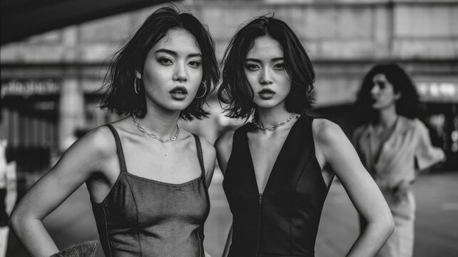 Fototapeta Urban Fashion Portrait of Two Women in Dramatic Lighting. Retro film camera style photography