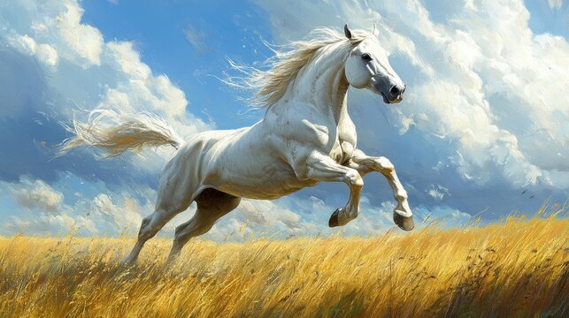 A wild stallion galloping in an open field - Powered by Adobe