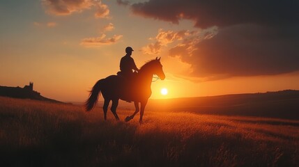 Black horse and rider in silhouette during sunset