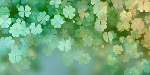St. Patrick’s Day clover background in gentle green tones with glowing bokeh highlights, perfect for holiday banners, marketing materials, invitations, social media graphics, and seasonal designs.