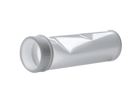 Empty transparent plastic laboratory tube container with screw cap and dented side lying on isolated background