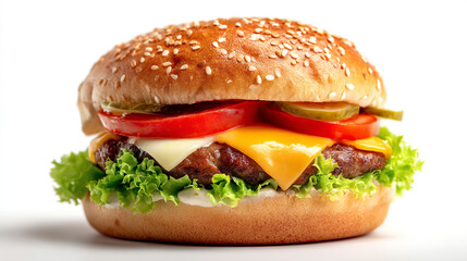 A close up shot of a hamburger with lettuce cheese tomato and pickles on a white background surface
