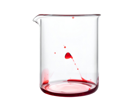 Laboratory glass beaker with splashes and pool of red liquid at the bottom on isolated background