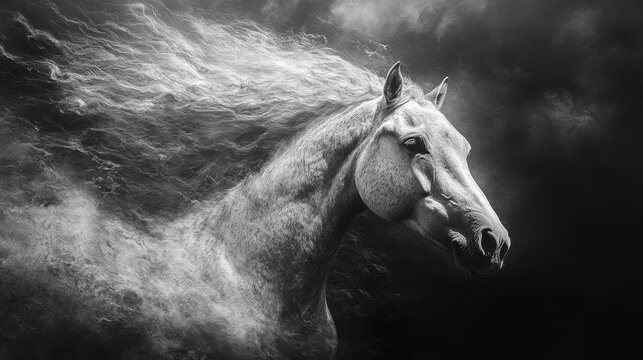 Close-up of horse with windblown mane in motion 