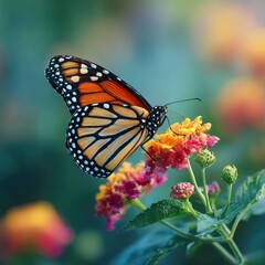 Fototapeta premium Monarch Butterfly Resting on Colorful Flowers in Natural Garden Setting