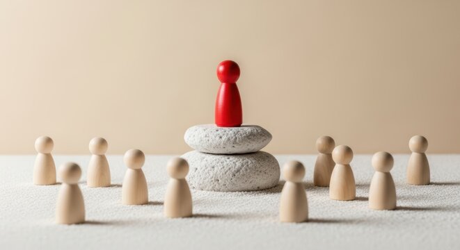 Red figure stands on stones surrounded by natural wooden figures representing leadership teamwork uniqueness standing out cooperation concept