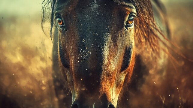 Dusty horse face close-up in wild west setting 