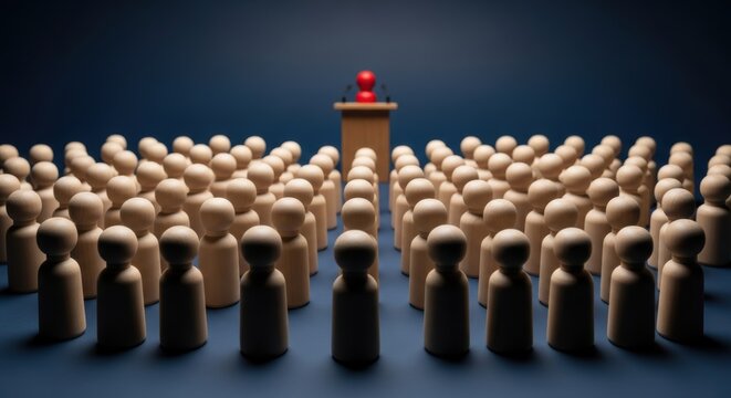 Wooden figures represent a leader addressing an audience from a podium concept of public speaking and leadership - Powered by Adobe